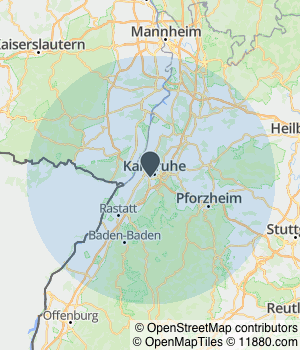 Kartendarstellung des Servicegebiets von Immobilien Wolf Karlsruhe
