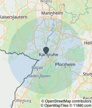 Kartendarstellung des Servicegebiets von Sekban Fliesenverlegung | Karlsruhe & Umgebung