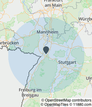 Kartendarstellung des Servicegebiets von Andrea Fabian und Kollegen - Privatinstitut für Chinesische Medizin Karlsruhe