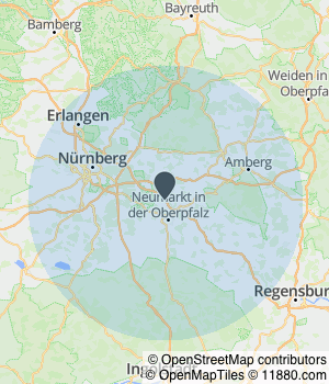 Kartendarstellung des Servicegebiets von Firma Christiane Jäger Fenster & Haustüren