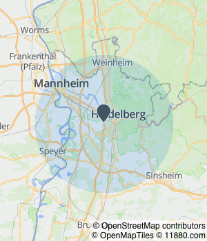Kartendarstellung des Servicegebiets von Stefan Liebezeit Gebäudesystemtechnik Heidelberg – Installation Heizung Sanitär