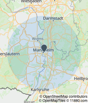 Kartendarstellung des Servicegebiets von Dr. med. Siegfried Stoll, Tätigkeitsschwerpunkt Hypnose, Mannheim
