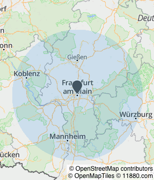 Kartendarstellung des Servicegebiets von GRUNDUM Immobilien GmbH | Immobilienmakler für Frankfurt und Umgebung
