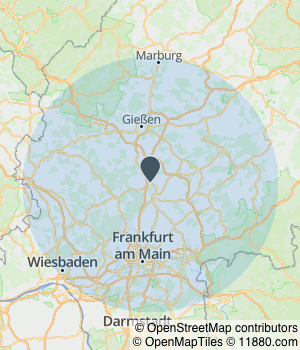 Kartendarstellung des Servicegebiets von Fa. Armin Bruch / DJ A.B. ❤️ Hochzeits DJ, Berater & Planer Bad Nauheim Hessen