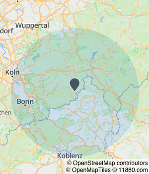 Kartendarstellung des Servicegebiets von Das Leben im Fluss Praxis für Psychotherapie, Verhaltenstherpie, Hypnose und MET