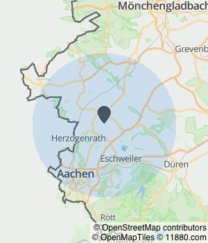 Kartendarstellung des Servicegebiets von Toni Rodriguez Heizung Sanitär Solar Meisterbetrieb