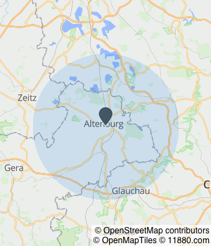 Kartendarstellung des Servicegebiets von myschoolcare Ost GmbH - Standort Altenburg - Schulbegleitung