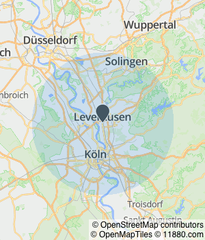 Kartendarstellung des Servicegebiets von Leverkusener Bildungs-Center e.V. - Lernförderung - Nachhilfe - Sprachkurse
