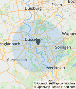 Kartendarstellung des Servicegebiets von Piraten Pinsel - Malerbetrieb Düsseldorf